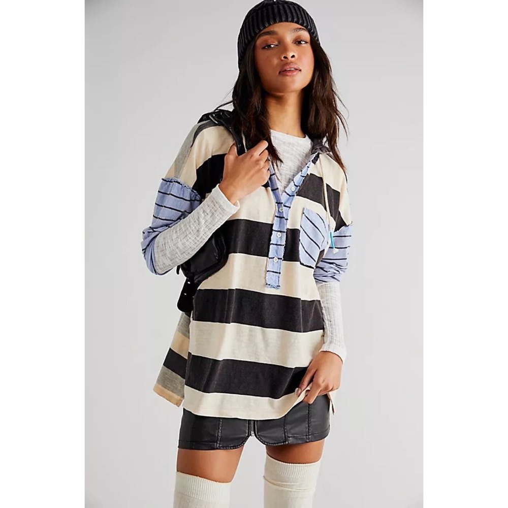 Free People We The Free Prepaganza Hoodie Striped Henley Pullover XS